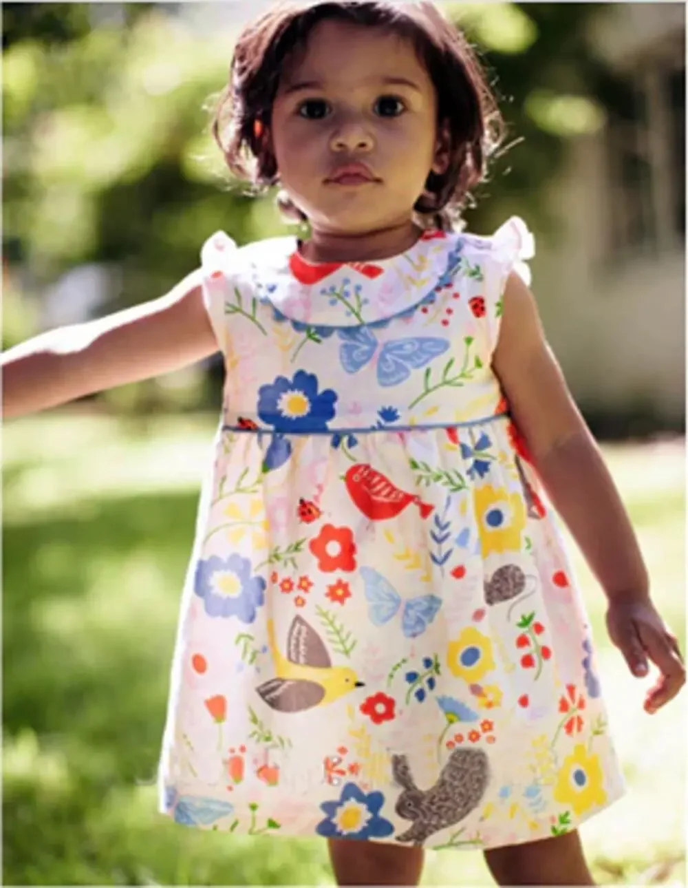 Baby Boden Linen Blend Ruffle Babydoll Dress Woodland Animal Floral 3-4 Years